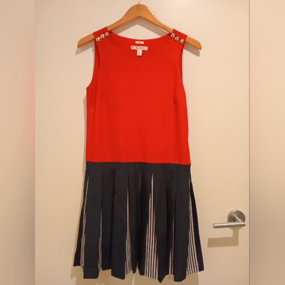 Tommy Hilfiger Zooey Red And Navy Sleeveless Dress Drop Waist Pleats
